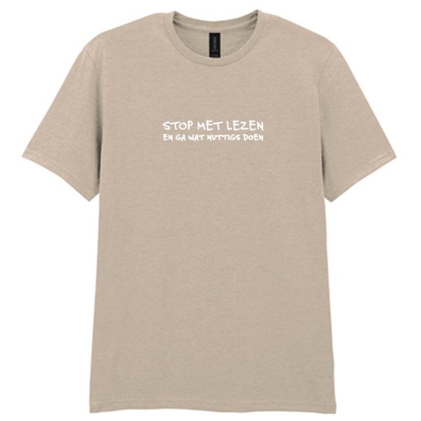 Stop met lezen T-shirt heren beige